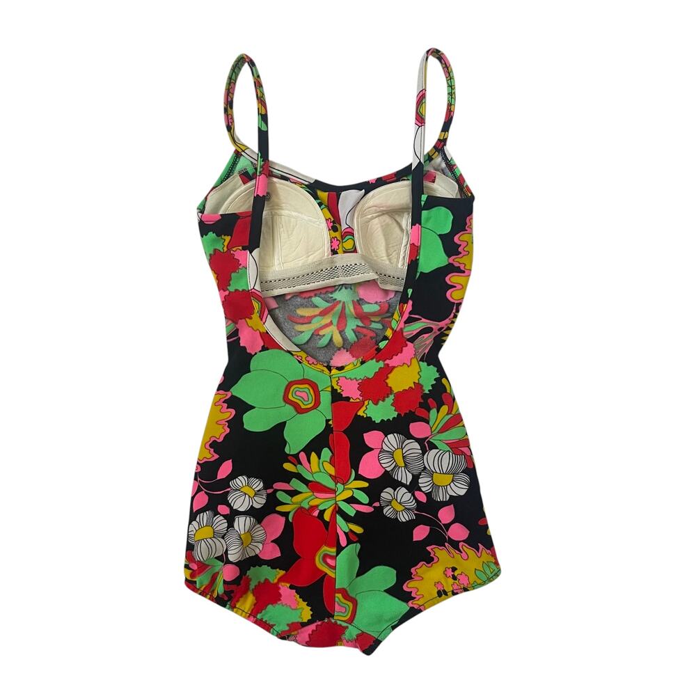 VINTAGE 1960s Pin-Up Girl Bathing Suit - Swimsuit - Black Vibrant Florals - XS - Picture 2 of 8